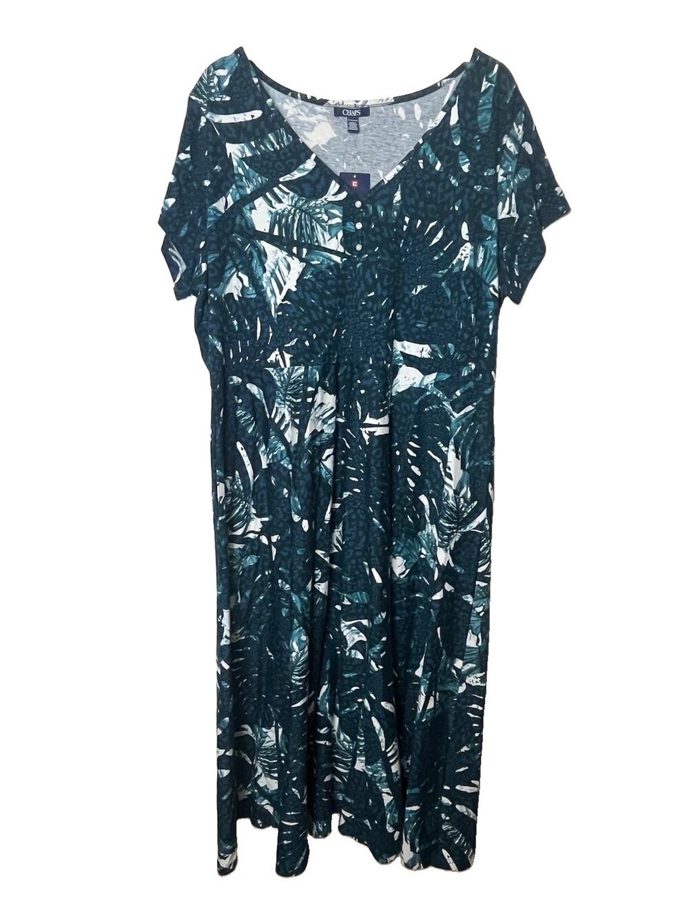 NWT Chaps Dress 3X Plus Size Island Sun Tropical Palm Print Henley Maxi Midi